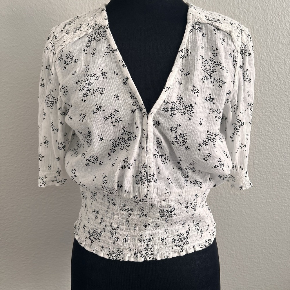 Abercrombie & Fitch Small White Ditzy Floral Top Blouson Cottagecore Smocked